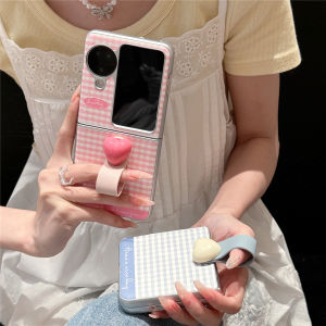 เคสโทรศัพท์มือถือแบบปิดพับรูปหัวใจลายสก็อตสีชมพูและน้ำเงินแบบเรียบง่ายพร้อมหัวเข็มขัดหนังครอบเต็มจอสำหรับโทรศัพท์มือถือ Oppo Find N3 Flip