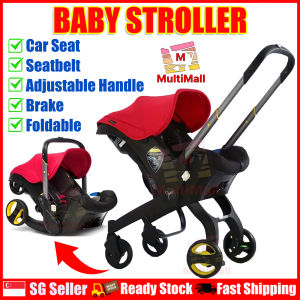 Baby Stroller with Car Seat and Foldable Canopy Red 4-in-1 Travel Stroller with 2-Way Push Handle Head Support and Brake One-Lock Folding Infant Stroller for Newborns to 2 Years Old