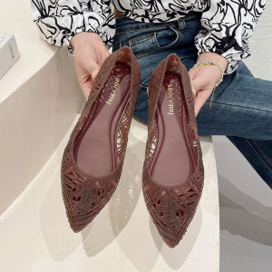 Womens Summer Sandals Hollow out Toe Soft Bottom Pointed Toe Flat Work Shoes PVC Material Casual Fashion Low Heel Sandals