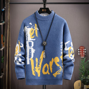 Thickened Fleece Autumn Winter Mens Knitted Sweater Base Layer Shirt High School Student Warm Top Geometric Pattern Half High Collar Long Sleeve