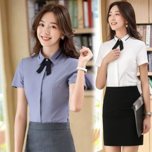 Womens Short Sleeve White Work Shirt for Hotel Front Desk Service Employees Plus Size Available Slimming Style Polyester Fiber