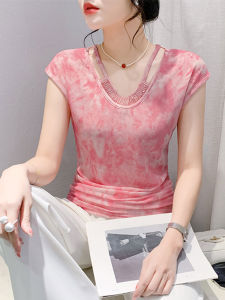 Thời Trang Sành Điệu Trẻ Trung Nhuộm Màu Áo Thun Ngắn Tay In Họa Tiết Nữ Gợi Cảm Đính Cườm Rỗng Được Tưởng Tượng Lưới Bó Ôm Sát Tất Cả Các Trận Đấu Mùa Hè Áo