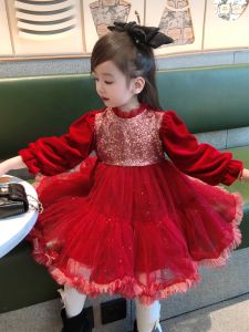 ชุดเดรสผ้าฝ้ายทรงกระโปรงทรงเจ้าหญิงสำหรับเด็กผู้หญิงในฤดูหนาว ทรงยาวปานกลาง สีแดง ชุดเด็ก เสื้อผ้าเด็ก ชุดเด็ก