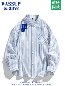 Wassup Glory Mens Striped Loose Fit Long Sleeve Shirt Trendy Handsome Casual Design Autumn Outerwear Polyester Cotton Blend