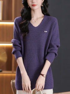 Fat Mom V Neck Knitting Woolen Sweater Fall/Winter XL Mid-Length Sweater Womens Loose Belly-Covering Soft Glutinous Bottoming Shirt