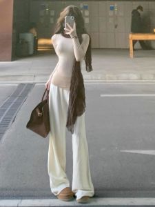 กางเกงขายาวทรงตรงเอวสูงผ้าถักสีขาวยาวคลุมเข่าสำหรับผู้หญิง กางเกงขายาวทรงหลวมสบาย ๆ ฤดูใบไม้ผลิและฤดูใบไม้ร่วง