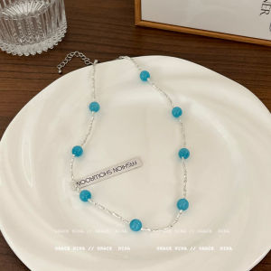 Blue Heart Bead Pendant Necklace Womens Summer Beach Accessory Sea Salt Bubble Water Alloy Embedded Artificial Gem Lockbone Chain