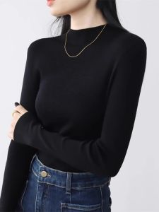 Soft Cozy Womens Knitted Base Shirt Half High Collar Slim Fit Sweater Inner Wear French High End Feel Top for Autumn Winter