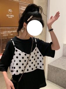 ชุดสองชิ้นสไตล์เกาหลีสำหรับผู้หญิงในช่วงฤดูร้อน สีดำ คอกลม แขนสั้น คอกลม แขนสั้น สีขาว ลายจุด ชุดทำงาน ลำลอง แขนกุด