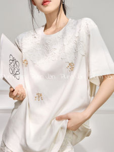 PlumJan | Lace Hollow Out Beadwork Loose Short Sleeve T-Shirt White