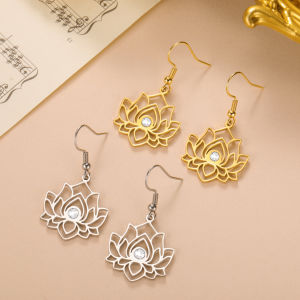 Skyrim Stainless Steel Lotus Flower Clear Zircon Dangle Earrings Women Yoga Chakra Buddhism Jewelry Gift Wholesale