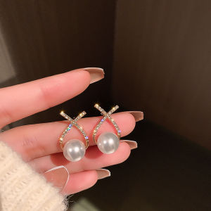 Elegant Simulated Pearl Earrings Women Inlaid Rhinestone Stud Earrings Letter X Ear Stud 2023 Trendy Party Wedding Jewelry K0