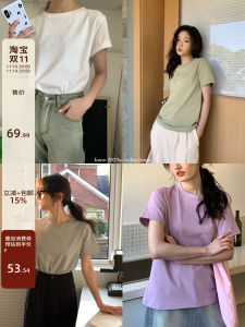 Hello Canon Pure Color round Neck Short Sleeve Womens T-shirt Cotton Summer Loose White Inner Wear Casual Street Style