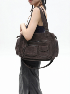 JANDRESS | Dark Brown Suede Leather Multi Pocket Zipper Motorcycle Bag