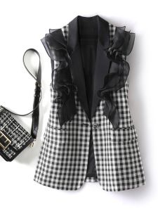 Elegant Plaid Patchwork Casual Sleeveless Womens Blazer Vest 3D Lace Loose Fit Autumn New Style Original Design Polyester Fiber