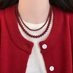 Red Pearl Necklace Womens Style 2026 New Vintage New Year Clavicle Chain Luxury Sensation Sweater Chain Korean Fashion