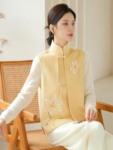 New 2025 Spring Womens Hanfu Embroidered Vest National Style Semi-Unbuttoned Collar Stand-Up Collar Tea Clothing Half-Unbuttoned