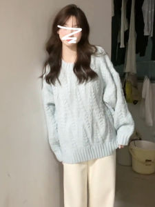 Blue Knitted Sweater Womens round Neck Base Layer Lazy Style High Sense Beautiful Fall Winter Warmth Heating Functional Pure Color
