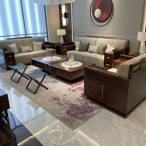 New Chinese Style High-End Solid Wood Sofa Combination Modern Minimalist Chinese Style Living Room Villa Ebony Leather Furniture Customization