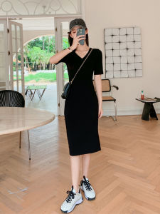 Black Midi Dress Womens V-Neck Slit Slimming Elegant Fashionable Spring Autumn Commute High Waist Cotton Blend Dress