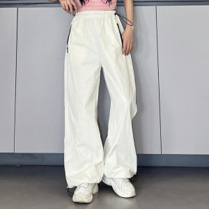กางเกงทำงานทรงหลวมเอวยางยืดสีขาว ทรงหลวม ทรงหลวม ทรงยาวถึงพื้น ทรงหลวม กางเกงขายาวทรงหลวมสำหรับฤดูร้อน