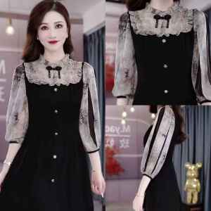 ชุดเดรสผ้าตาข่ายสไตล์เกาหลีผสมผสานฤดูใบไม้ผลิ 2025 ชุดเดรสกระโปรงทรงเอเอวสูงทรงเข้ารูปสไตล์เรียบง่ายสวมใส่สบาย