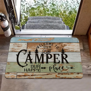 VIKAMA Rustic Wood Camper Welcome Happy Place RV Art Flannel Door Mat Non Slip Entryway Bedroom Living Room Home Decor Indoor
