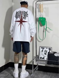 เสื้อยืดแขนยาวผ้าฝ้ายแท้ฮิปฮอปสไตล์อเมริกันสำหรับผู้ชาย ทรงหลวม แฟชั่นฤดูใบไม้ร่วง ทรงหลวม แฟชั่นสตรีท ลำลอง