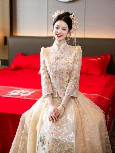 ชุดเจ้าสาวสีทองสไตล์จีนโบราณ ชุดแต่งงานฤดูร้อน ชุดฮู้ดแขนยาว เสื้อผ้าเจ้าสาวสีฟ้าอ่อน ชุดแต่งงาน