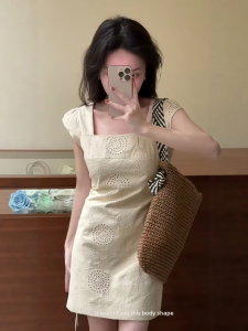 VKSOD | French Vintage Floral Embroidery Square Collar Vest Dress Women Summer Sweet Style Waist Cinching Slimming Short Skirt