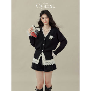 OUYANGXI | Áo Cardigan Cổ V Màu Đen Giả Hai Mảnh
