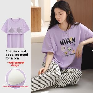 MiiOW | Pure Cotton Sleepwear Womens Summer Short Sleeve Shorts Cute Cartoon Print Home Clothes With Chest Pad Comfortable Breathable