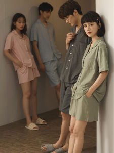 คู่ชุดนอนผ้าฝ้ายชุดแขนสั้นบางสไตล์ลําลองเสื้อผ้าสีบริสุทธิ์บัตเลอร์ Trim กางเกงขาสั้นสําหรับเยาวชน