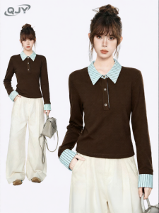 QIAOJIAOYA | Áo Thun Nữ Dài Tay Màu Caramel Có Sọc Cổ Polo Để Mặc Lớp Trong Mùa Thu hoặc Đầu Mùa Xuân
