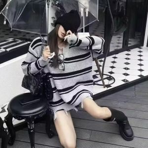 WANGGONGZHU | Womens Oversized Soft Cozy V-Neck Pullover Sweater Striped Hole Design Mid-Length Autumn Winter Fashion Casual Loose Style