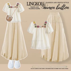 NUMEN BUTTON | Plus Size Minimalist Summer Stylish Retro Embroidered 2pcs Set