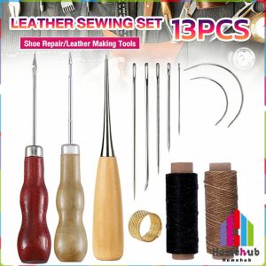 HB 13pcs DIY Leather Sewing Kit Sewing needle/Wooden Handle Awl/Wax Thread/Sewing Awl