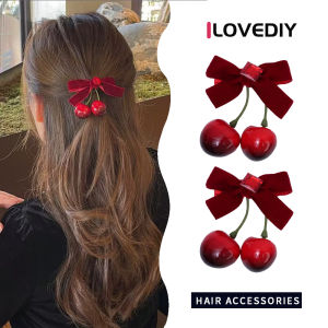 ILOVEDIY กิ๊บติดผมรูปโบว์กำมะหยี่สีแดงจำลองคลิปผมหางม้าคู่เครื่องประดับผมปีใหม่