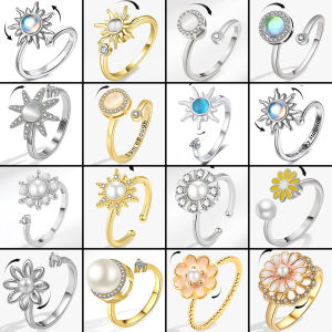 Romantic Sunflower Moonstone Open Ring for Women Metal Spinner Fidget Pearl Anxiety Relief Rotating Jewelry anillo ajustable