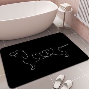 VIKAMA Heart Dachshund Line Art Bath Mat Cute Dog Sketch Non‑Slip Absorbent Floor Mat for Bathroom Home Decor