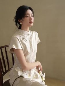 JK&JS | New Chinese Style Silk Texture Embroidery Summer Dress Womens High Slit Long Qipao Dress JKJS Yilang Ying Ladies Fashion