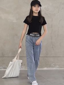 Quần bò bé gái Quần Jean Cho Bé Gái Thiết Kế Cạp Viền Chữ Dáng Suông Cho Bé Từ 14-45kg