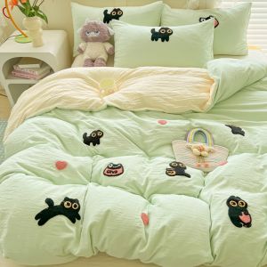 Dansunreve 4in1 mềm đồng bằng Bộ vỏ chăn ga gối rửa sạch đồ thêu sợi bông mèo loạt Comforter tấm bìa gối đơn/Nữ Hoàng/Vua