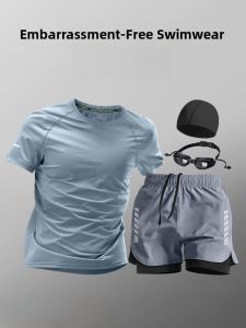 Mens Swimming Suit Full Set Anti-Embarrassment Teenage Swimwear Double Layer Swim Shorts Elastic Waistband Summer 2025