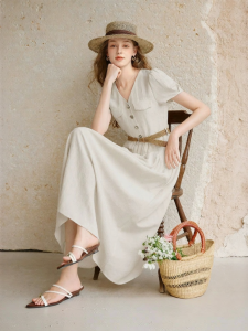 XIANGYING | White French V-neck Fitted Lycell Shirt Dress