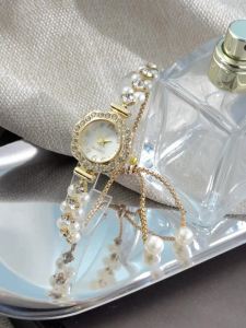 Double-Row Pearl Pull-Open Bracelet Diamond-Encrusted Case Arabic Numeral Scale Ladies Quartz Watch