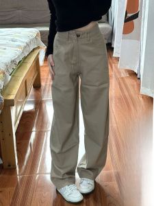 Khaki Color Loose High Waist Straight Leg Jeans Womens plus Size Trousers Lazy Style Fashionable And Slimming Effect