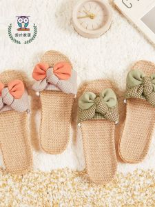 New Summer Korean Style Linen Slippers Womens Indoor Home Anti-slip Lightweight Thick Bottom Sweat Absorbent Gingham Knot