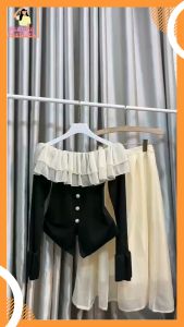 Sét Váy Áo Trễ Vai Tăm Phối Bèo Von + Chân Váy Dài Von Padora-B930