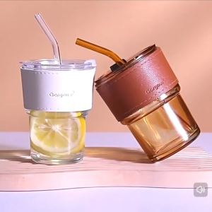 Dual-Drinking Type Bamboo Shape Glass Straw Type Coffee Milk Tea Cup with Anti-scading Leather Cover Glass Mug
